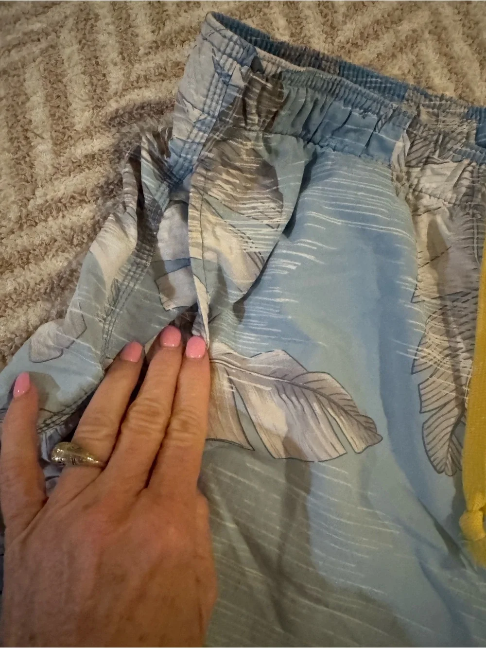 Tommy Bahama Light Blue Tropical Leaf Swim Trunks with Yellow Drawstring
